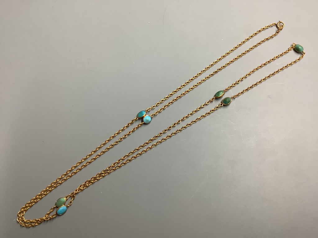 A 9ct and seven stone cabochon turquoise set long chain